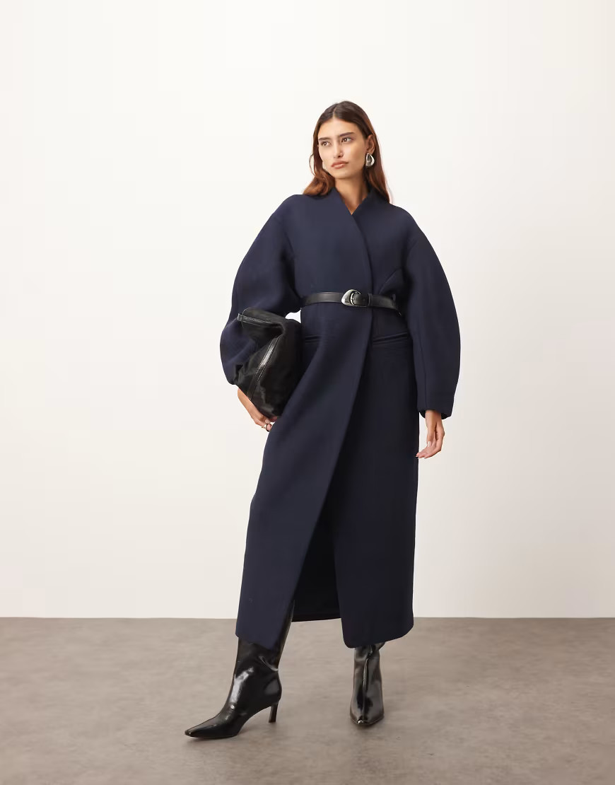 ARRANGE wool mix cinched waist ovoid sleeve coat in navy | ASOS (Global)