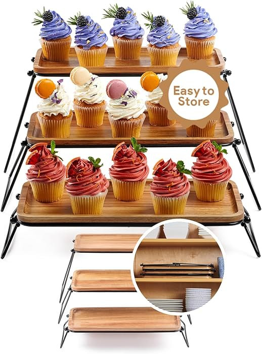 3 Tiered Tray Stand - Acacia Wood 3 Tier Serving Tray, Cupcake, Cake, Charcuterie Boards & Food S... | Amazon (US)