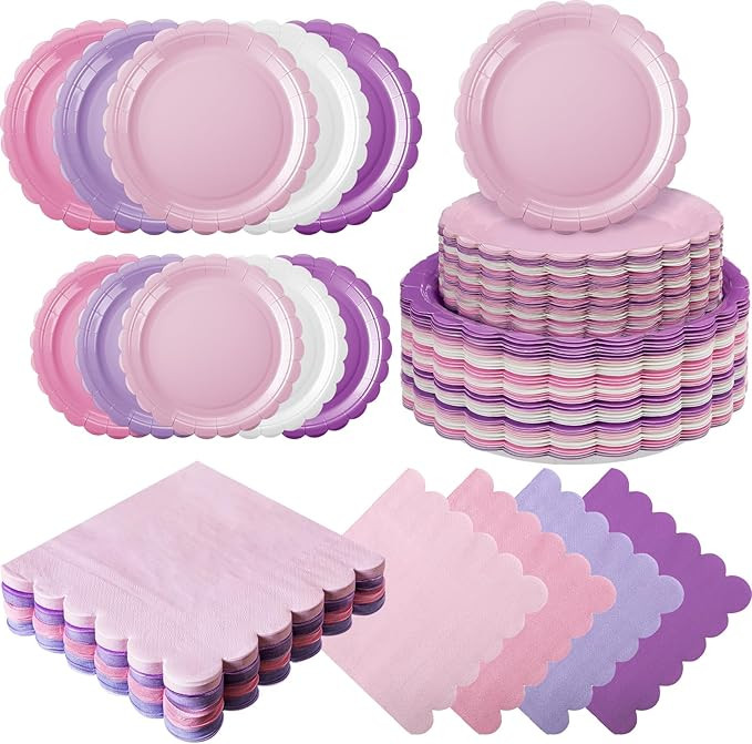 110 Pcs Pink Purple Plates and Napkins Tableware Set Serve 25 Guests Includes Scalloped 9" 7" Pap... | Amazon (US)