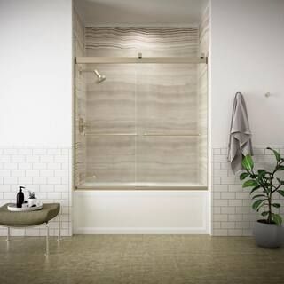 Levity 59.625 in. W x 62 in. H Semi-Frameless Sliding Tub Door in Bronze with Towel Bar | The Home Depot
