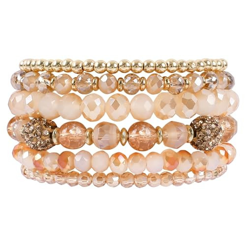 Bohemian Beige Beaded Bracelets for Women 6Pcs Stackable Glass Beads Stretch Bracelets Boho Multilayered Sparkly Disco Ball Faceted Crystal Beads Bracelet Set Handmade Trendy Jewelry Gift for Her | Amazon (US)