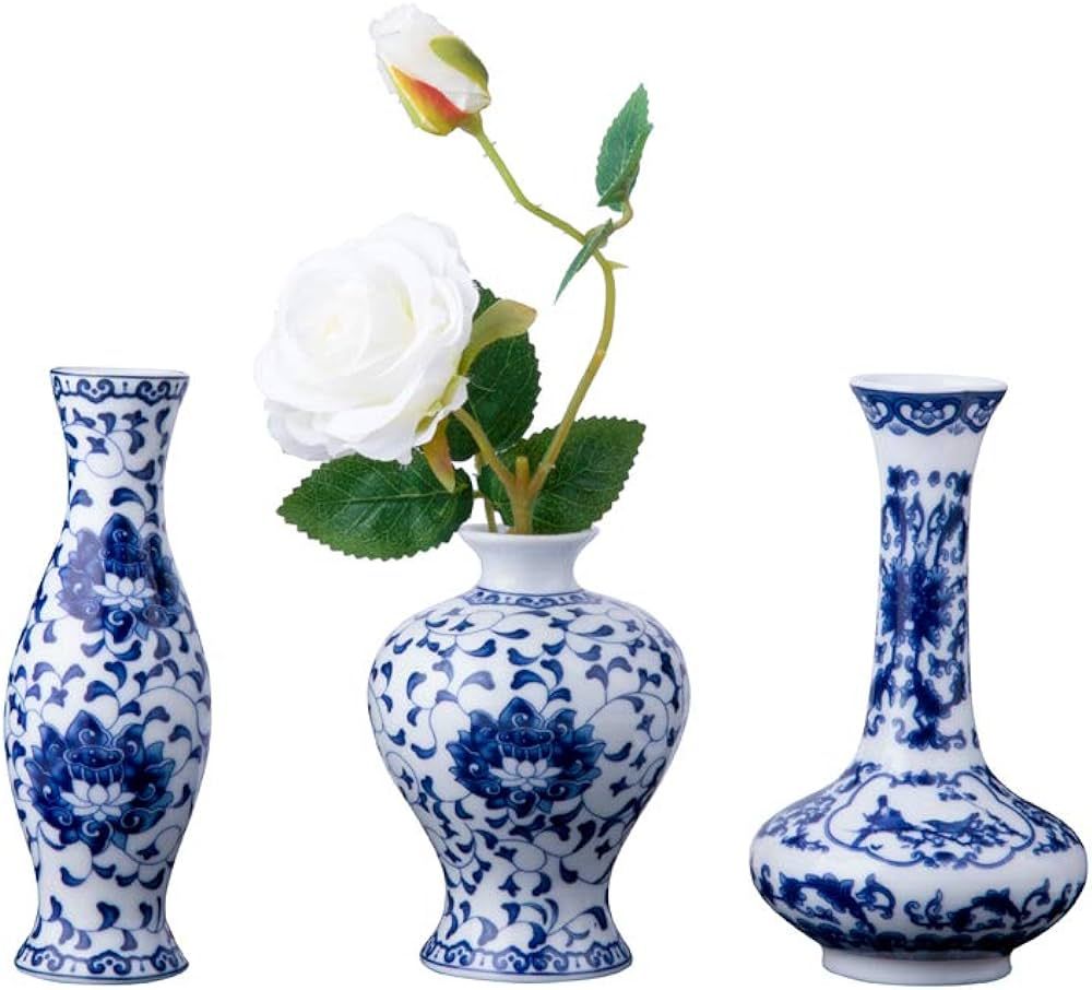 Set of 3 Small Blue & White Porcelain Vases, Fambe Glaze Porcelain Vases Set of 3, Classic Ceramic F | Amazon (US)