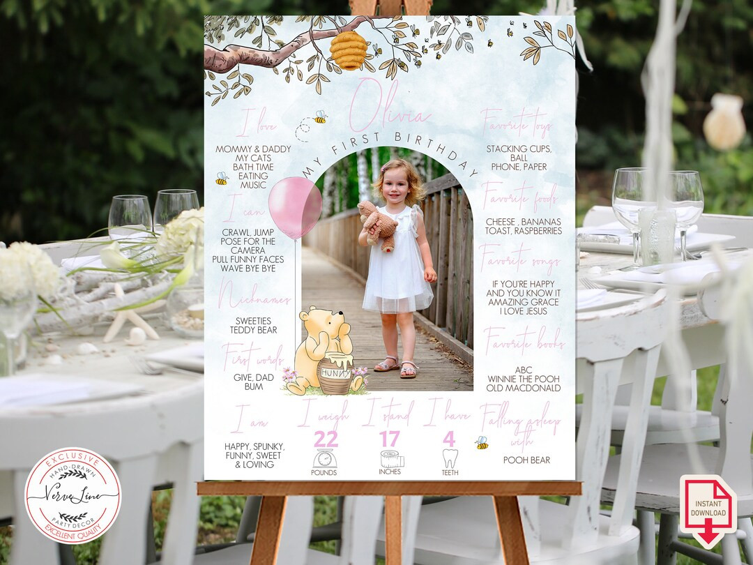 Editable Milestone Board Classic Winnie the Pooh 1st Birthday Girl Party Hundred Acre Wood Pink B... | Etsy (US)