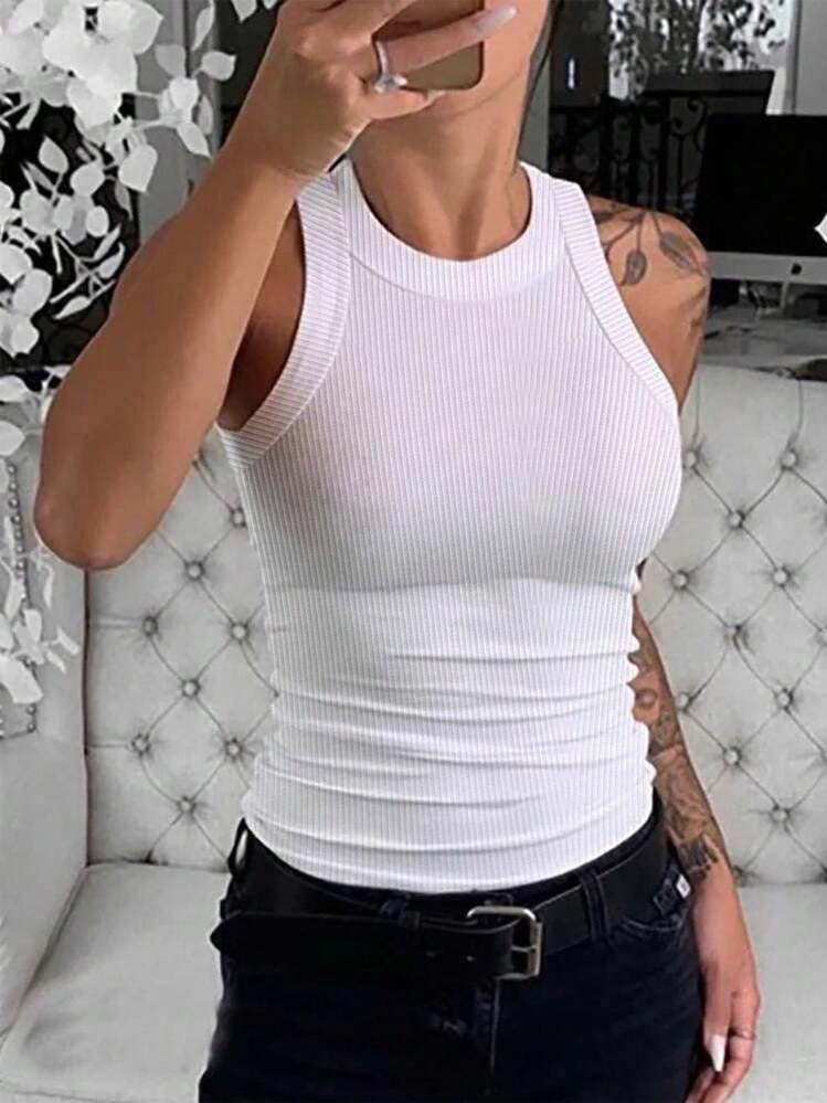 Chiquease Solid Color Slim Fit Muscle Tank Top With Round Neck | SHEIN