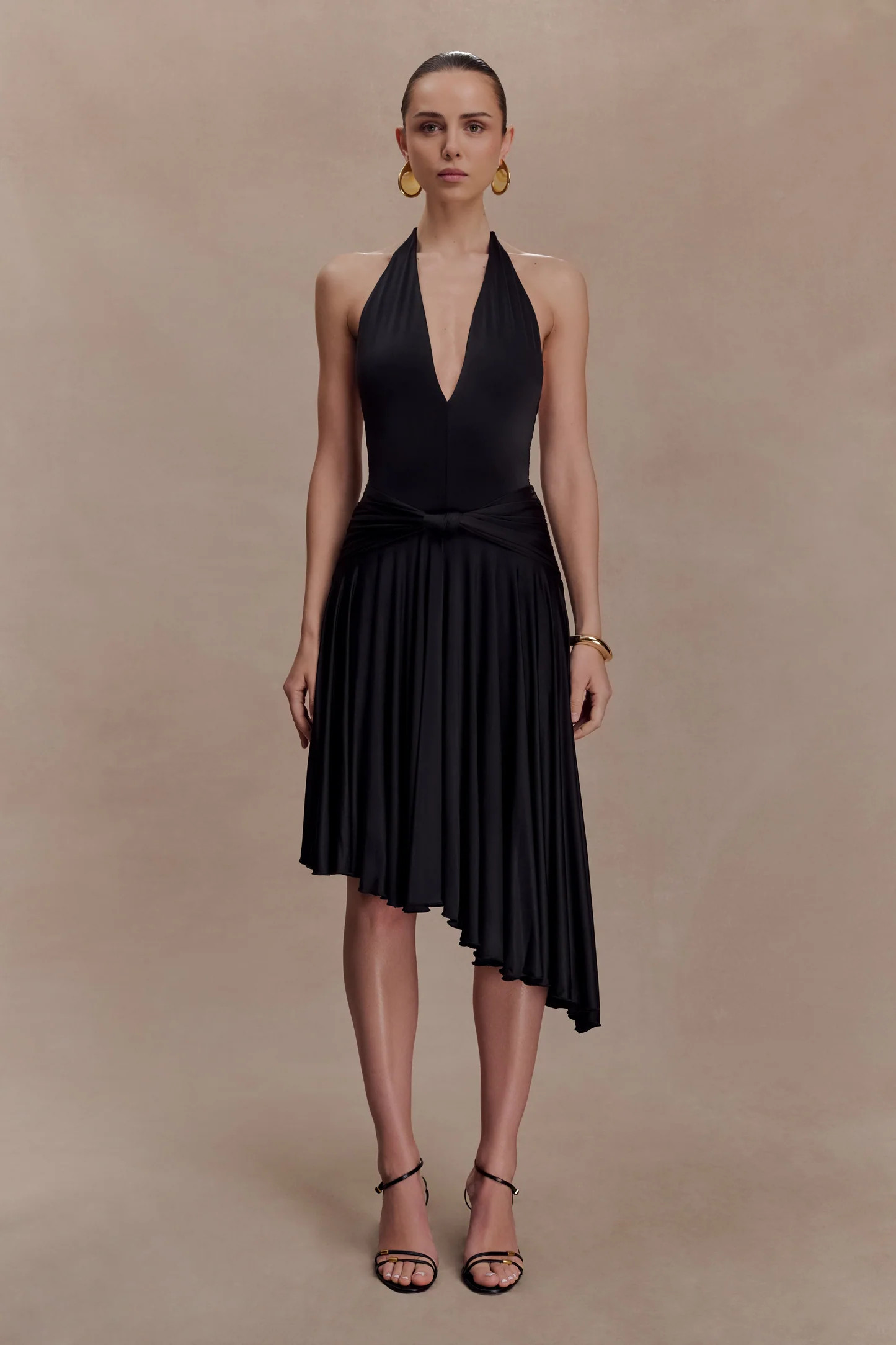 Zelda Asymmetric Slinky Midi Dress - Black | MESHKI US