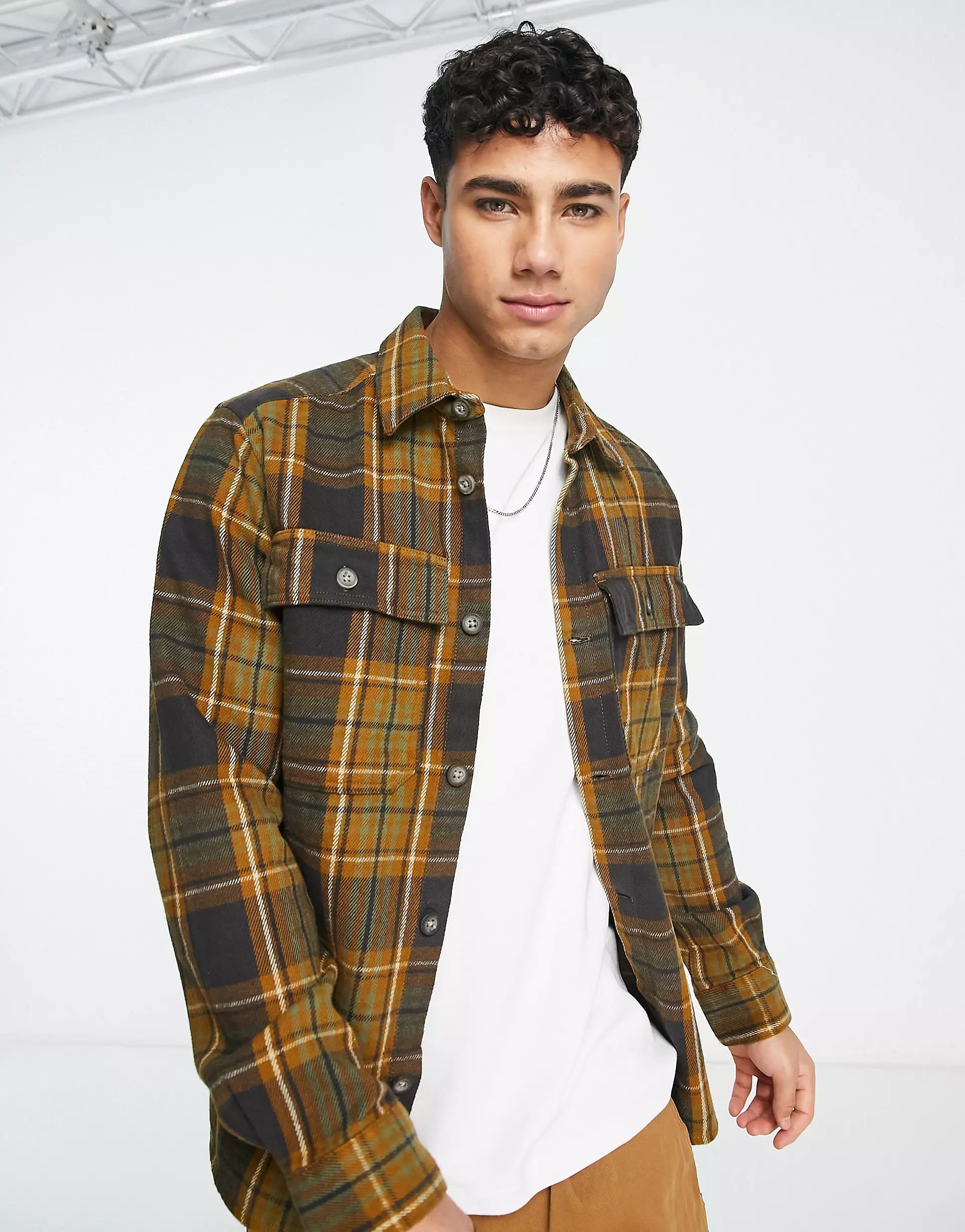Only & Sons flannel overshirt in brown check | ASOS (Global)