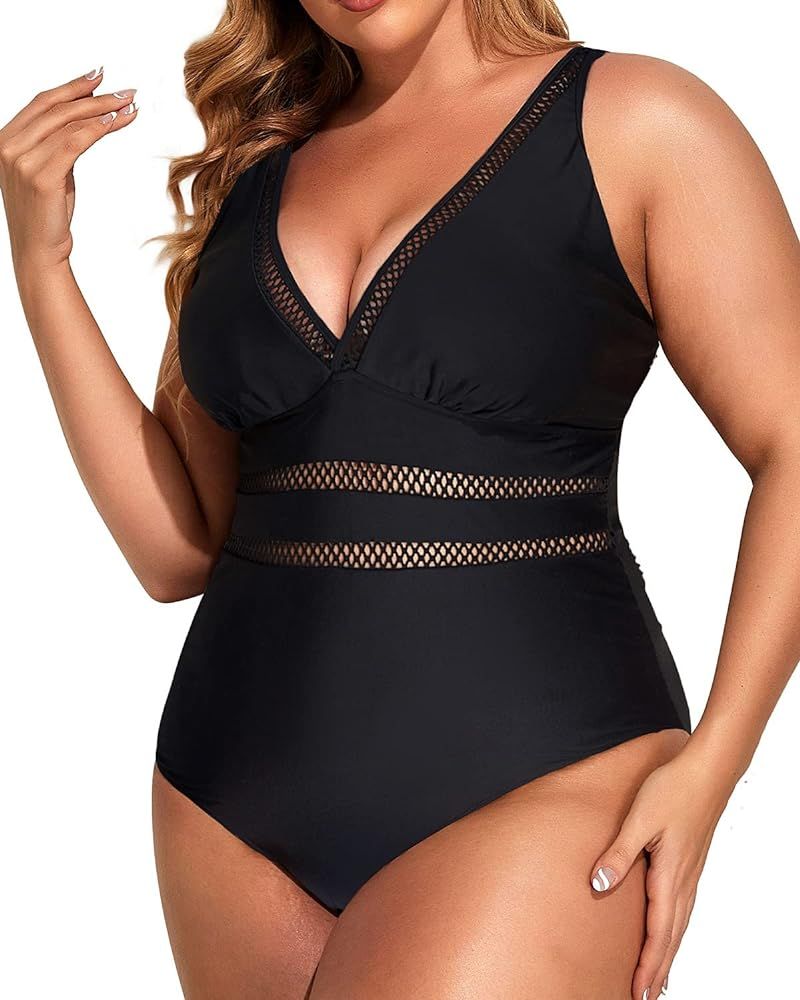 Daci Women Sexy Plus Size Plunge V Neck One Piece Swimsuits Mesh Bathing Suit Tummy Control Swim... | Amazon (US)