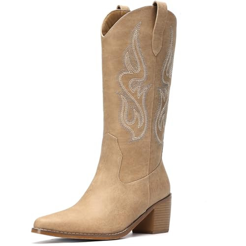 Pasuot Tan Cowboy Boots for Women - Cowgirl Western Mid Calf Boots with Embroidery, Pointed Toe Retro Chunky Heel Slip On Fashion Classic Short Boots Pull On for Ladies Summer Fall Size 8.5 | Amazon (US)