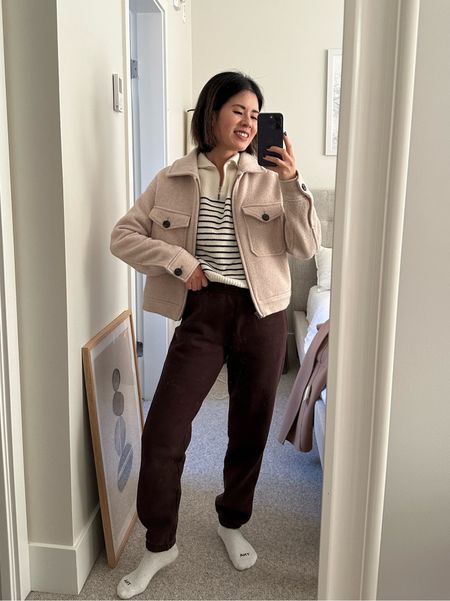 Jacket: old. Linked similar. 
Sweater: Mango. Linked similar 
Sweatpants: Aritzia. I sized up one size for comfort 
Crew socks

Causal outfit. Mom outfit. School pick up,  drop off outfit. Fall outfit. Autumn outfit 

#LTKCyberWeek