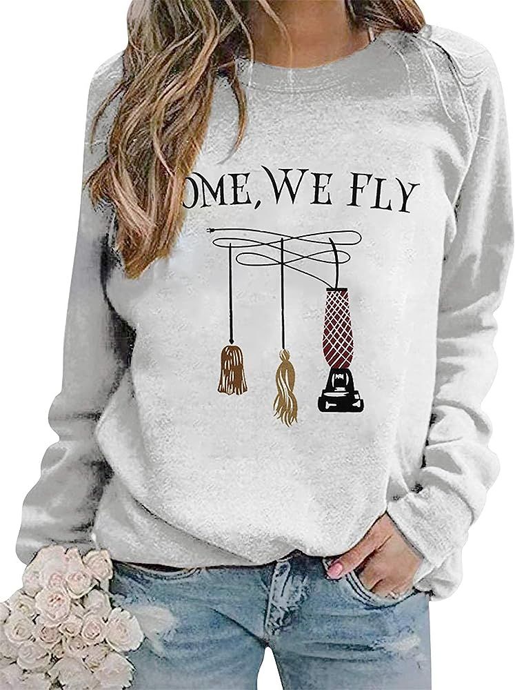 MYHALF Come We Fly Halloween Sweatshirt Women Hocus Pocus Shirt Letter Printed Graphic Witch Broo... | Amazon (US)