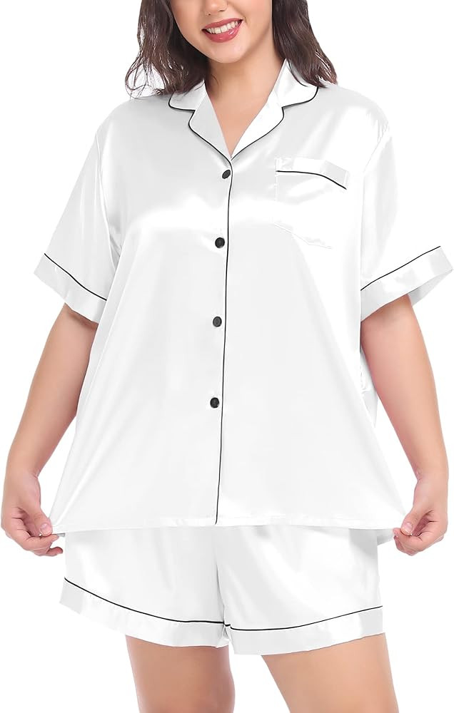 SWOMOG Women's Plus Size Pajama Set Silk Satin Pajamas Short Sleeve 2 piece Sleepwear Button Down... | Amazon (US)