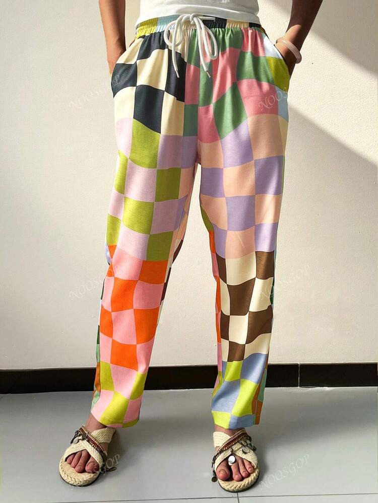 Summer Casual Vacation Beach Fashion Street Style Drawstring Color Clashing Plaid Pattern Pants Brunch Outfits For Women
Details
 | SHEIN