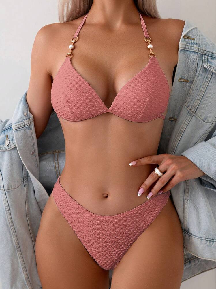 Swim SXY Women Summer Beach Vacation Solid Textured Halter Neck Bikini Set | SHEIN