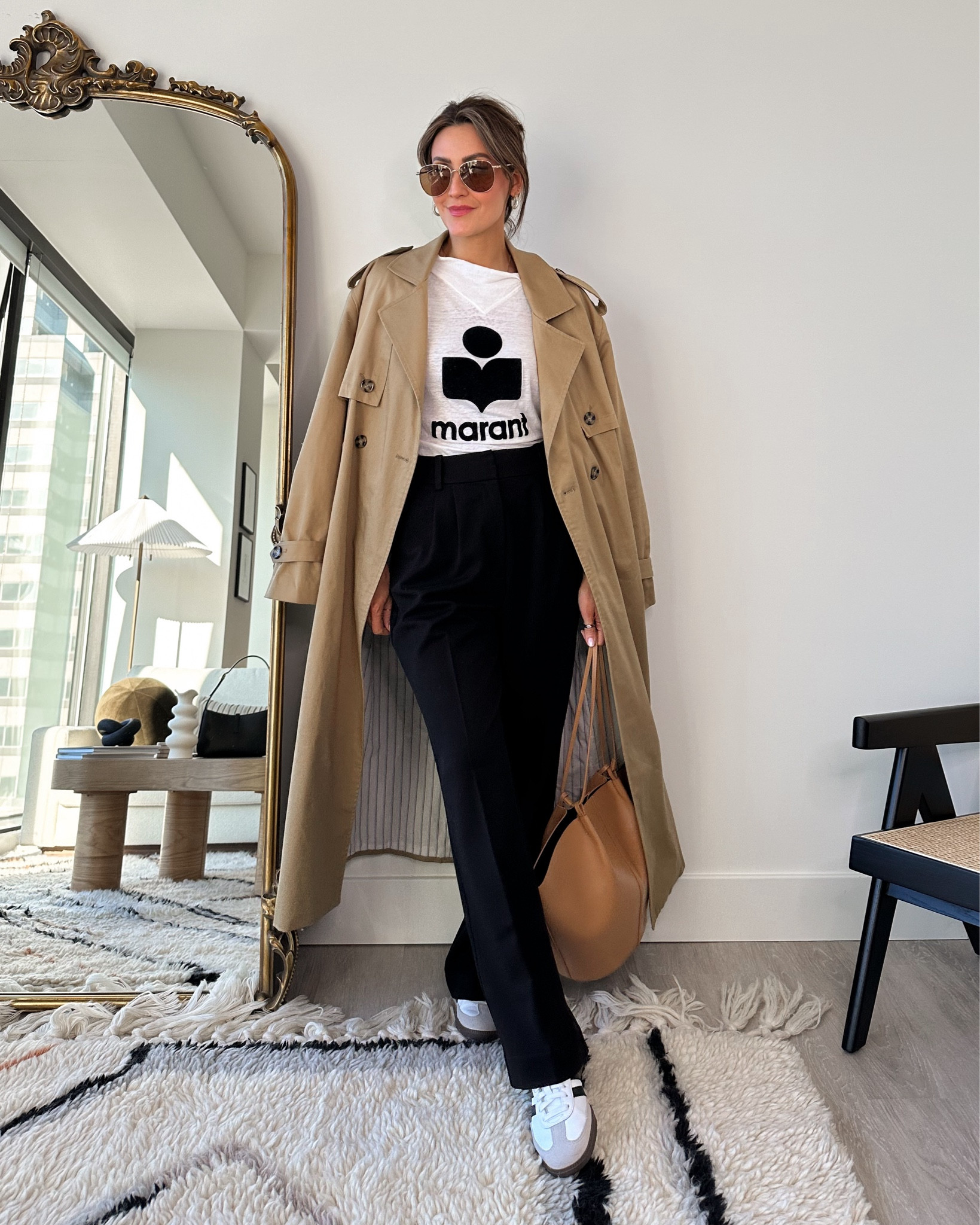 Trench coat outfit ideas, casual chic shopping outfit for transitioning weather 
Marant tee xs
Shortie pants size 2


#LTKstyletip #LTKshoecrush #LTKitbag