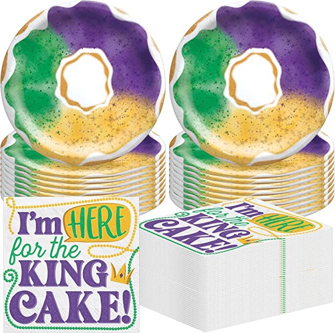 Amscan Mardi Gras King Cake Dessert Partyware Bundle - 20 Round Plates 7", 40 Napkins 5"- Mardi G... | Amazon (US)