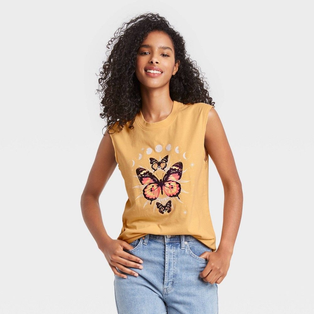 Women's Mystic Butterfly Muscle Graphic Tank Top - Mustard S | Target
