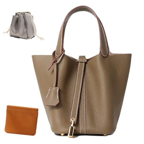 Genuine Leather Lock Design Bucket Bag Vegetable Basket, Fashionable and Versatile Shoulder Handbag (Khaki) | Amazon (US)