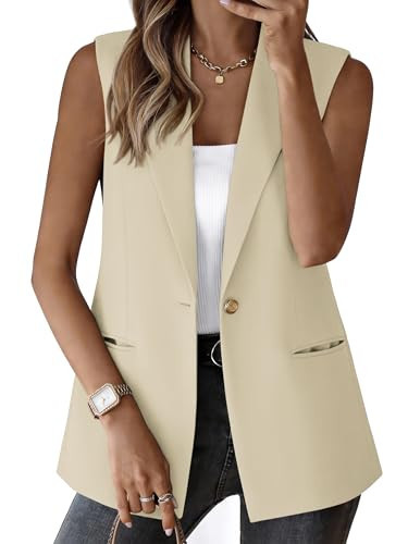 MASCOMODA Summer Sleeveless Blazers for Women Business Casual Dressy Lapel V Neck Button Open Front Work Suit Vest Tops(Beige,X-Large) | Amazon (US)