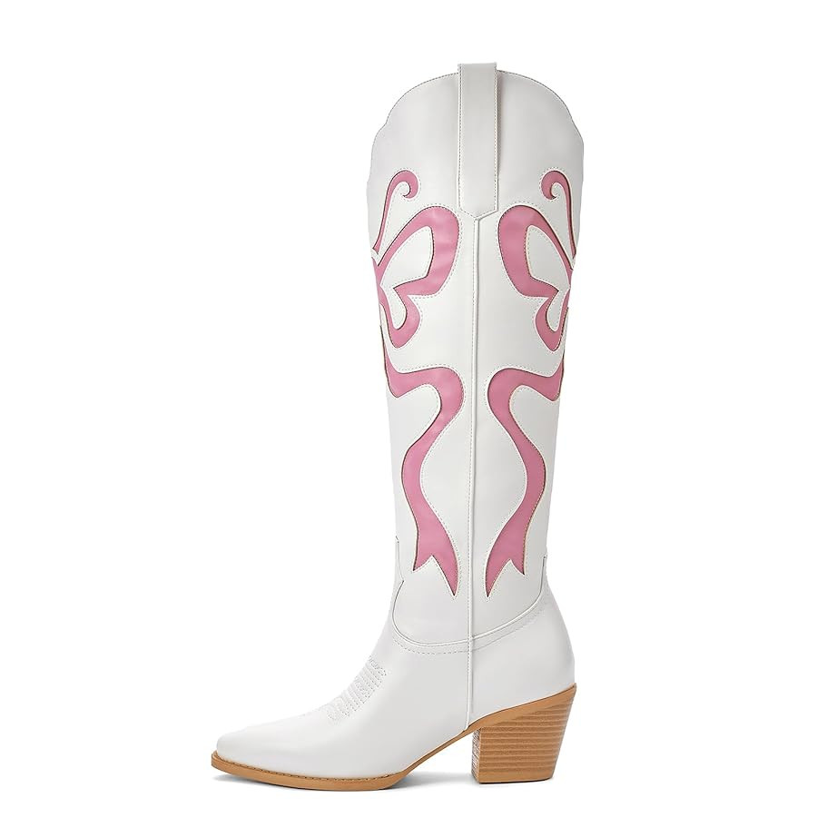 Women's Cowboy Boots With Colorful Bows Embroidered White Knee-High Boots Fashion Almond Toe Chun... | Amazon (US)
