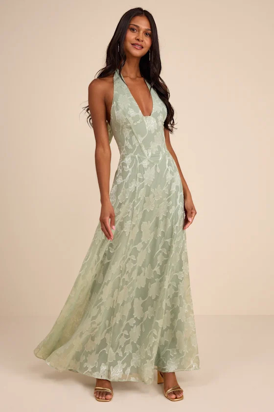 Maira Sage Floral Burnout Halter Maxi Dress | Lulus