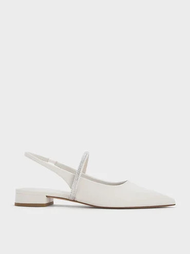 Crystal-Strap Pointed-Toe Slingback Flats
 - White | Charles & Keith US