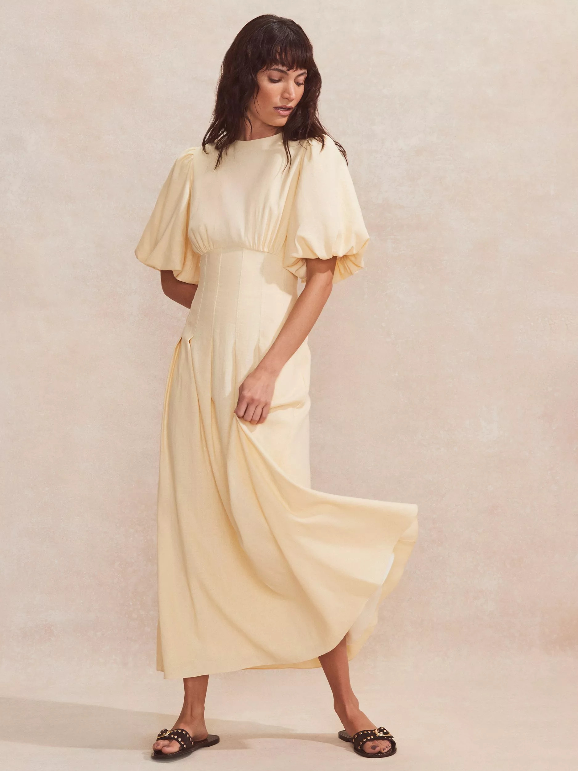 Ro&ZoPleat Detail Linen Rich Dress, Yellow | John Lewis (UK)