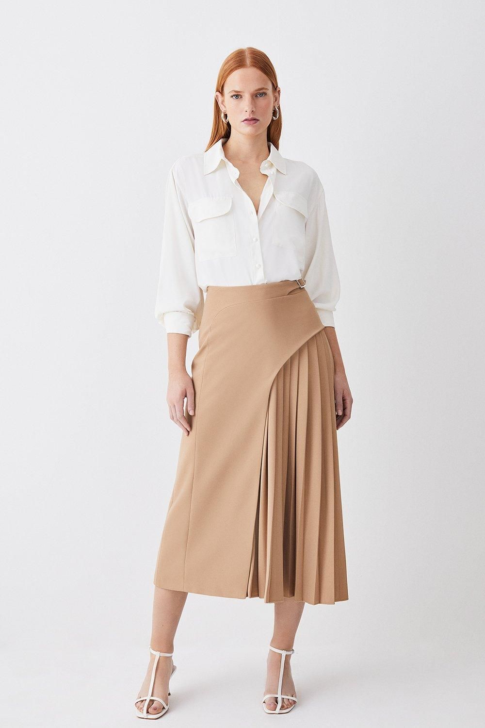 Buckle Detail Pleated Midi Skirt | Karen Millen UK + IE + DE + NL