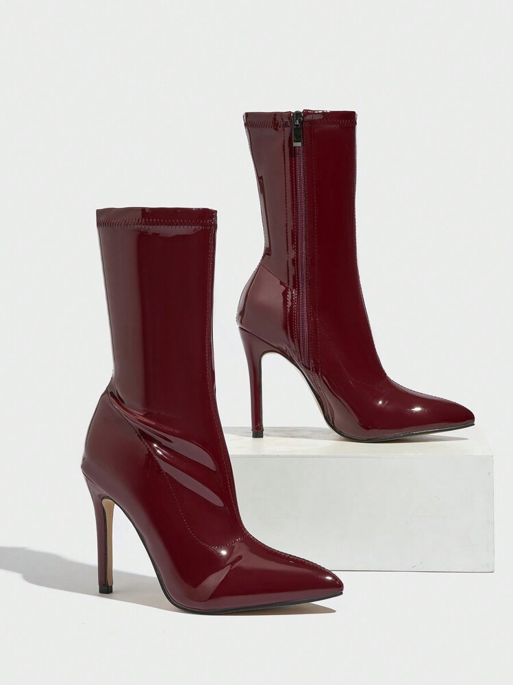 CUCCOO SZL Pointed Toe Elastic Stiletto High Heel Side Zip Patent Leather Sexy Skinny Glossy Ankle Boots For And Vibe And Spring Shoes Spring Break Easter | SHEIN