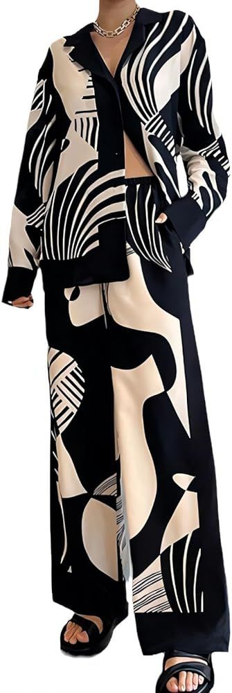 Womens 2 Piece Outfits Casual Print Long Sleeve Button Down Shirt Elastic Waist Wide Leg Pants Sw... | Amazon (US)