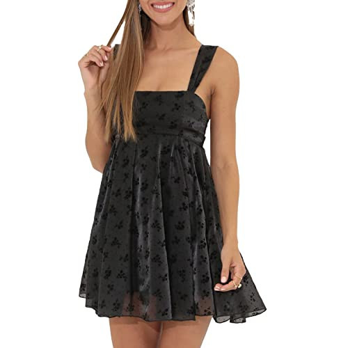 Floral Mini Dress for Women Y2K Summer Sexy Backless Flowy Mini Dress Party Vacation Short Swing Dress (Black Floral-Back Bowknot, L) | Amazon (US)