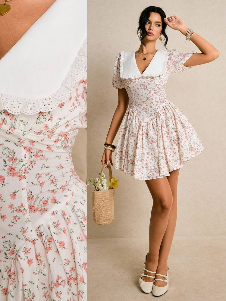 Poéselle Women's Vintage Floral Puff-Sleeve Mini Dress With Contrast Eyelet Sailor Collar – Romantic Cottagecore Skater Sundress Puff Sleeve Mini Dress Cottagecore Floral Dress Sailor Collar Dress Babydoll Sundress Vintage Summer Dress Ditsy Floral V-Neck Casual Short Sleeve Mini Dress Cottagecore Dress For Women Summer Dresses For Women French Dresses For Women Women Vacation Dress Floral Dress Pink Dress Wedding Guest Dresses Summer Holiday Outfits Short Floral Dress Tea Party Dress Sum Picnic Dresses | SHEIN