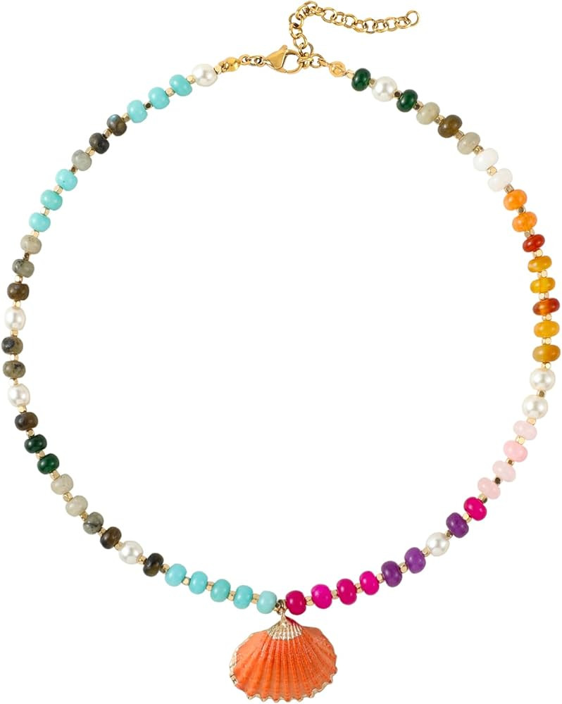 Beaded Necklace for Women,Colorful Boho Gemstone Bead Choker with Natural Shell Pendant,Gold Stai... | Amazon (US)