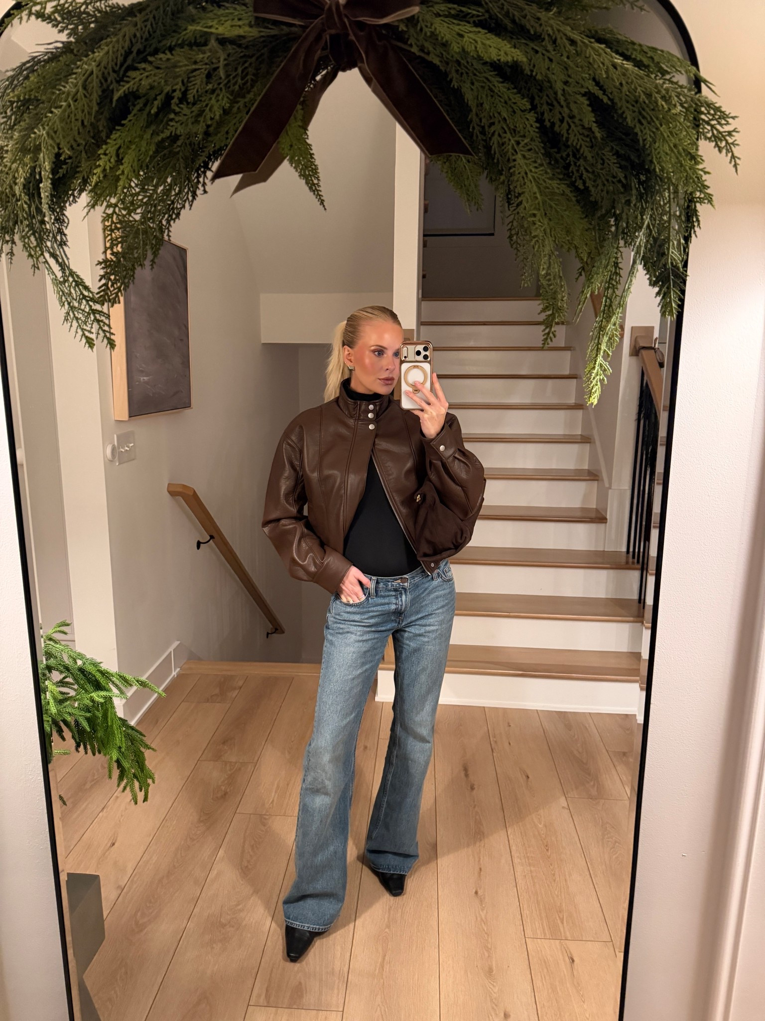 Med in jacket, 28 in jeans- sized up 2 sizes for pregnancy. True size in shoes. Kathleen20 for earrings 