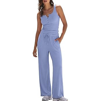 Darong Women's 2 Piece Matching Lounge Sets Summer Henley Neck Slightly Crop Tank Top Wide Leg Pa... | Amazon (US)