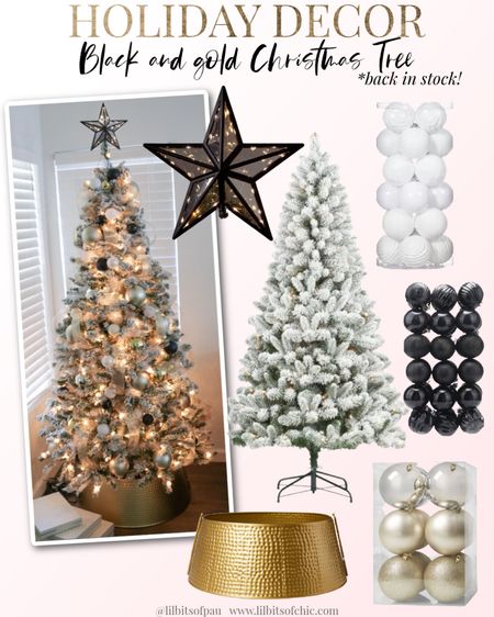 Holiday decor black and gold Christmas tree, flocked pre-lit Christmas tree, black ornaments, white ornaments, gold Christmas tree collar

#LTKHoliday #LTKhome #LTKSeasonal