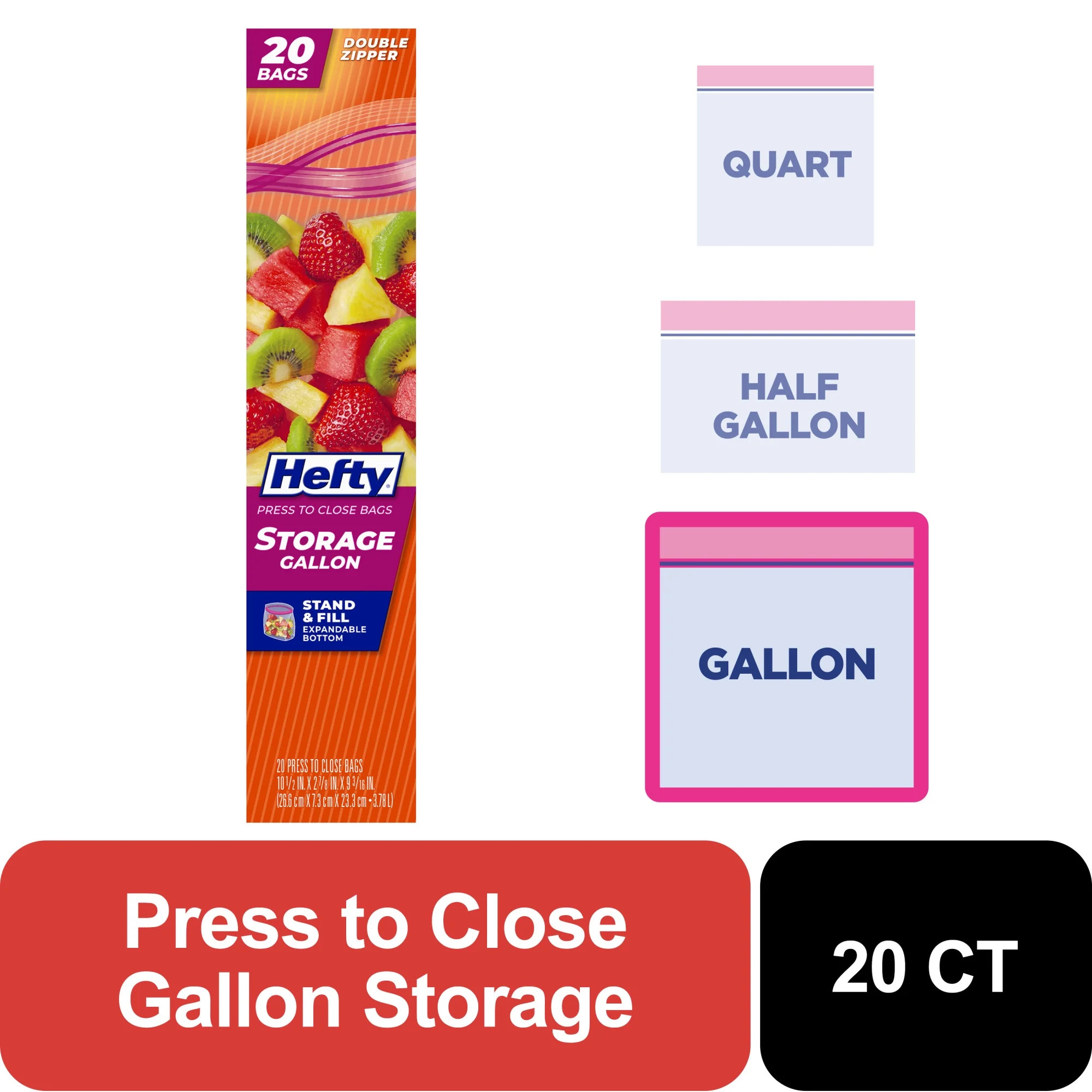 Hefty Press to Close Plastic Bags for Food Storage, gallon Size, 20 Count | Walmart (US)