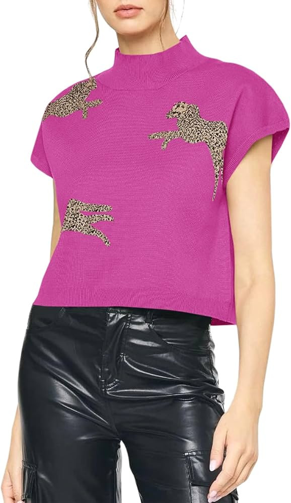 Saodimallsu Womens Mock Neck Sleeveless Sweater Vest Leopard Print Cap Sleeve Casual Loose Knit C... | Amazon (US)