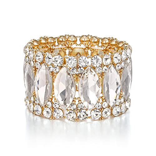 BriLove Wedding Bridal Elegant Crystal Double Row Rhinestones Marquise Cluster Stretch Bangle Bracelet for Bride Clear Gold-Plated-Base | Amazon (US)