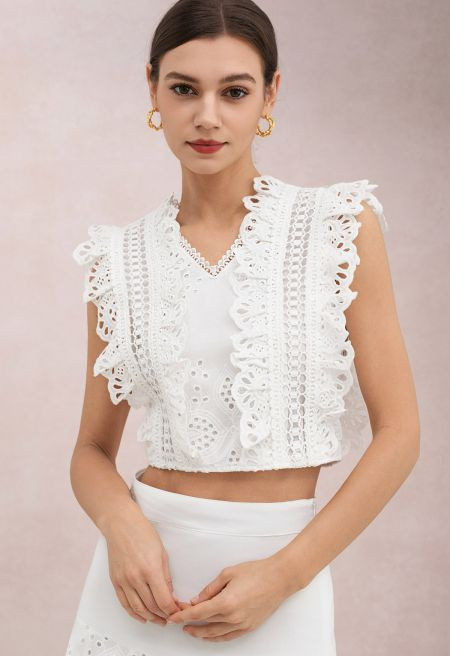 Eyelet Embroidery Ruffle Sleeveless Crop Top and Maxi Skirt Set in White for Beach Weddings & Sun... | Chicwish