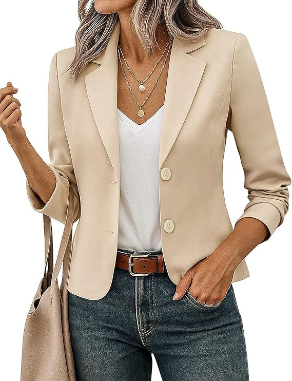 Women's Business Casual Cropped Blazer Lapel Collar Long Sleeve Work Office Suit Jacket with Full... | Amazon (US)