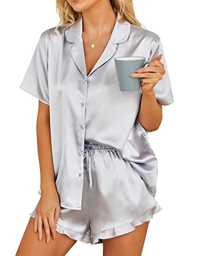 HOTOUCH Womens Satin Pajamas Set Button Down 2 Piece Silk Pjs Shorts Set Ruffle Lingerie Notch Co... | Amazon (US)