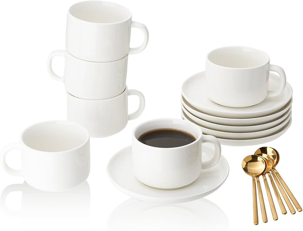 7 oz Coffee Cups with Saucers Spoons - Set of 6 Cappuccino Cups, White Porcelain Cups Serving for... | Amazon (US)