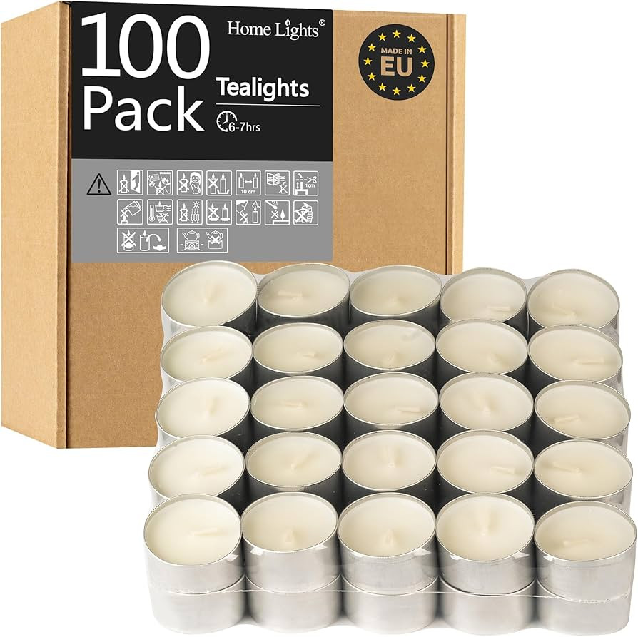 HomeLights Unscented White Tealight Candles -100 Pack, 6 to 7 Hour Burn Time Smokeless Tea Light ... | Amazon (US)
