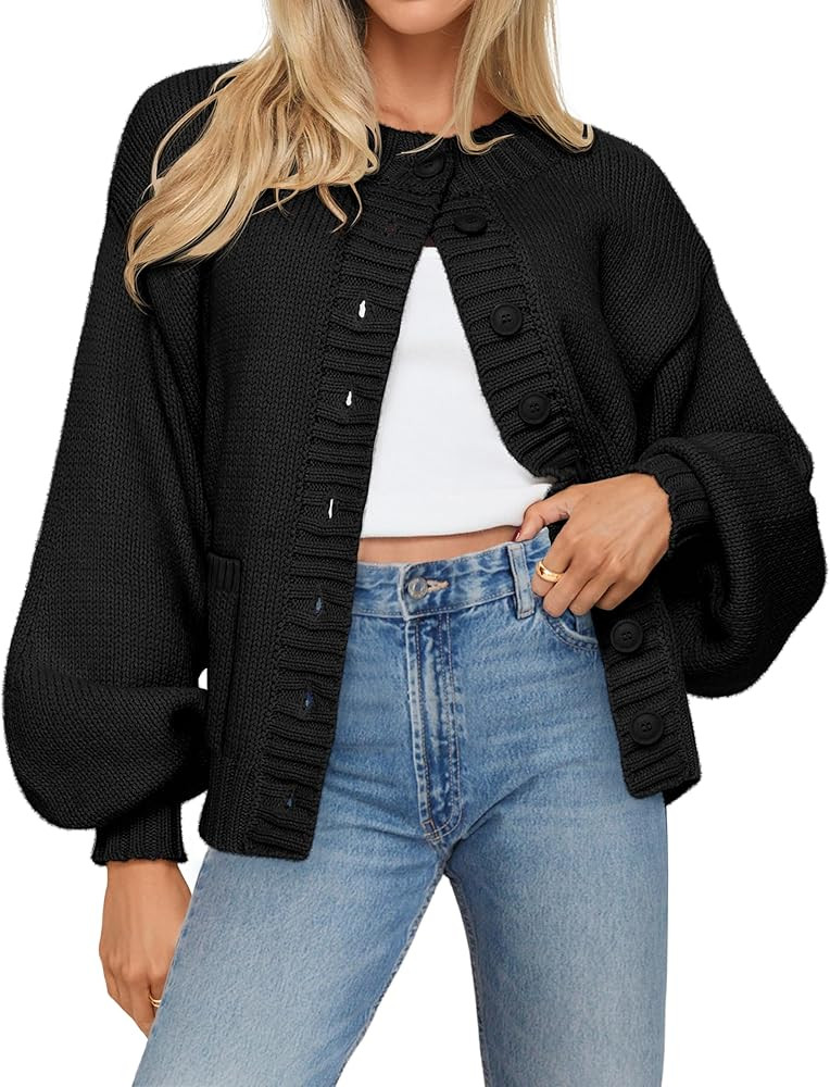 MEROKEETY Women's Fall Long Lantern Sleeve Cardigan Sweaters Casual Button Down Crewneck Open Fro... | Amazon (US)