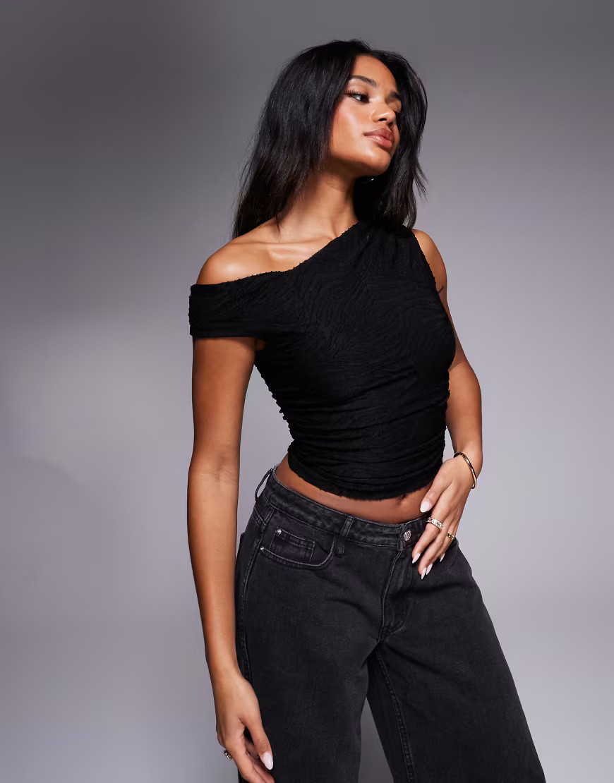 ASOS DESIGN textured off the shoulder top with ruching detail in black | ASOS (Global)