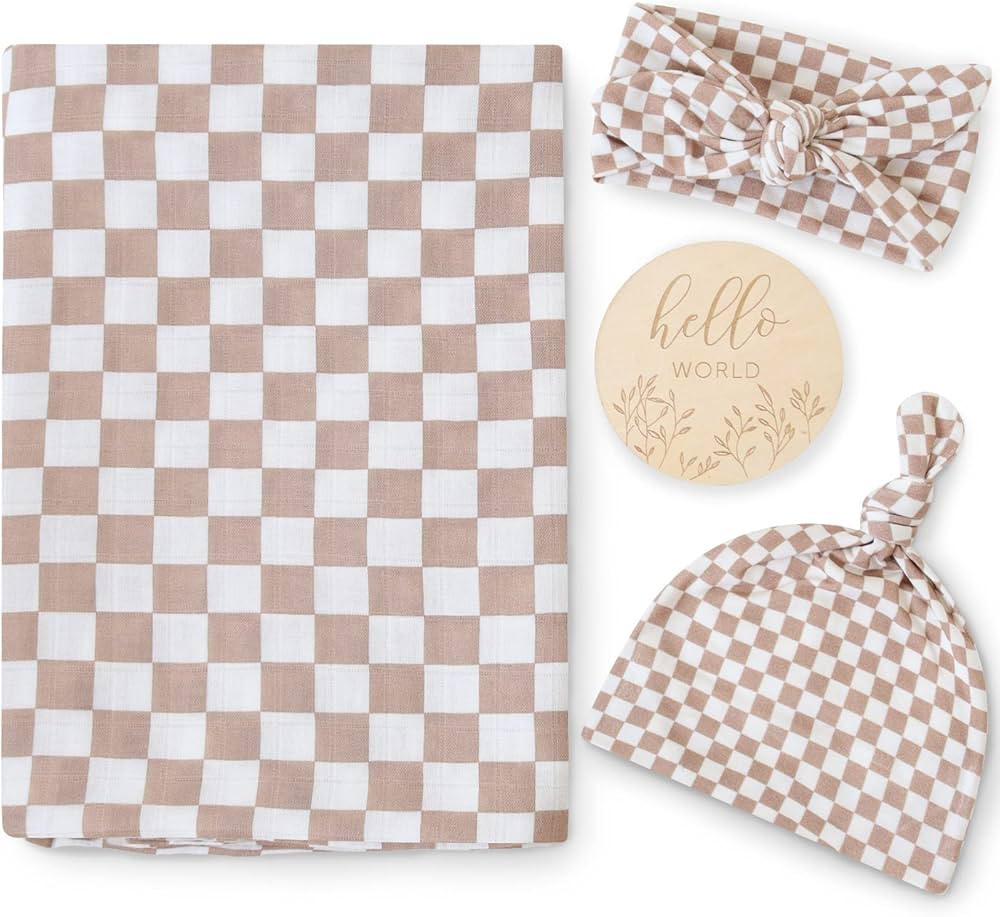 LifeTree Newborn Swaddle Set with Matching Hat and Headband Bow, Wooden Birth Announcement Card, ... | Amazon (US)