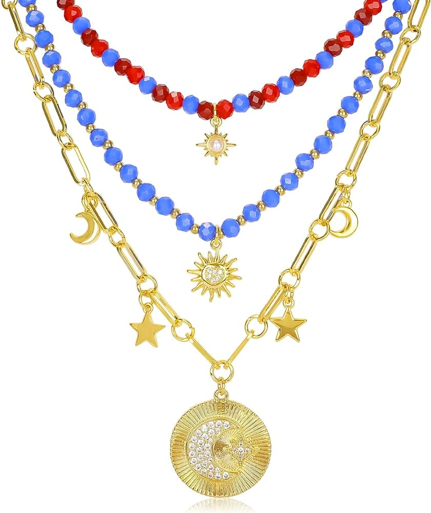 Amazon.com: Multilayered Gold Star Sun Moon Pendant Necklace for Women 14K Gold Plated Moon Star ... | Amazon (US)