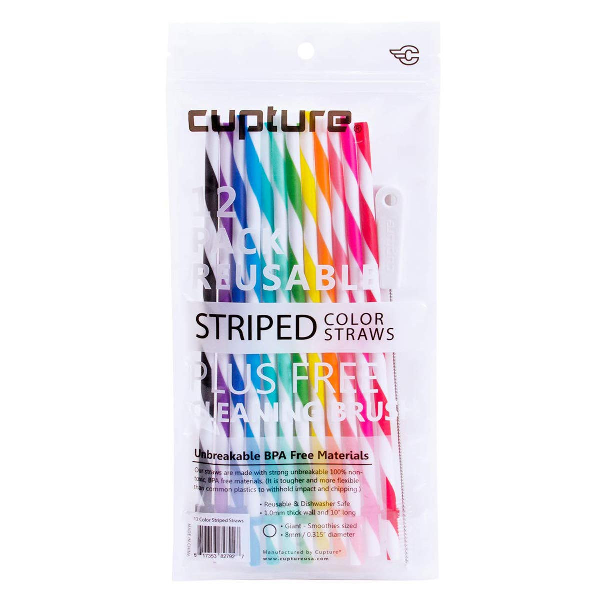 Cupture Reusable & Unbreakable Color Striped Straws - 12 Count + Free Brush | Amazon (US)