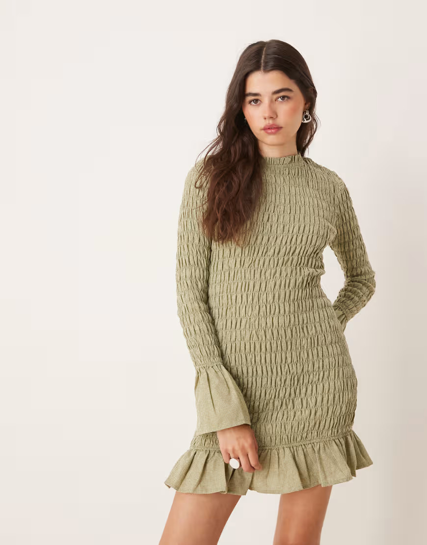 Glamorous long sleeve shirred mini dress in green plaid | ASOS (Global)