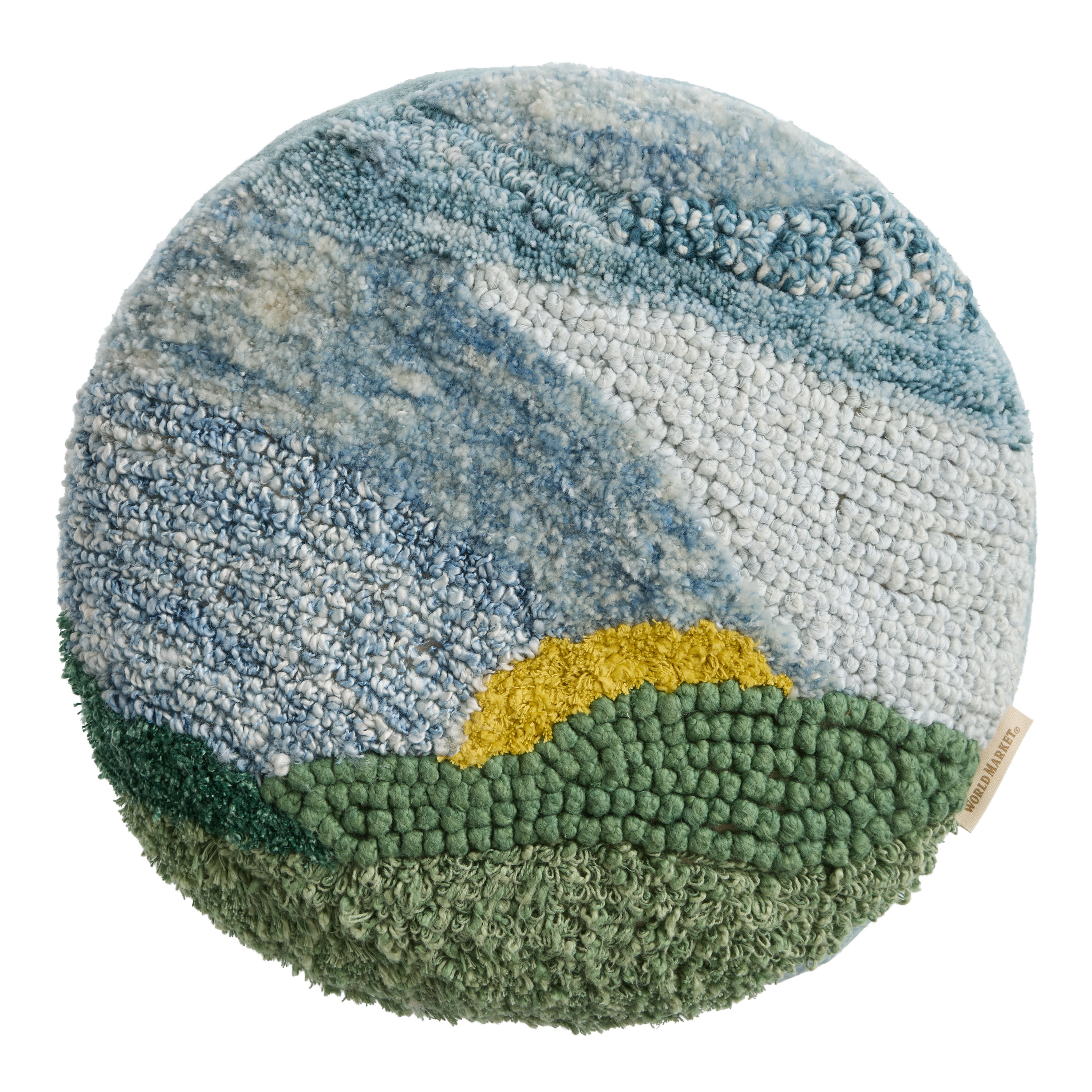 Round Blue and Green Tufted Mountainscape Throw Pillow | World Market